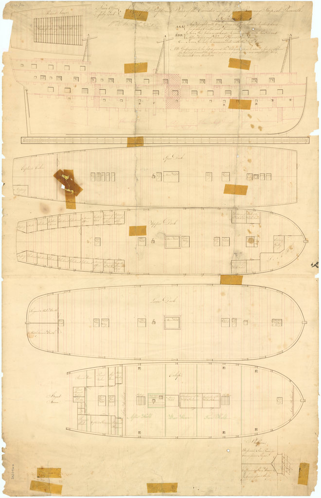 Scale: 1:96. Plan showing the inboard profile, roundhouse, spar deck ...