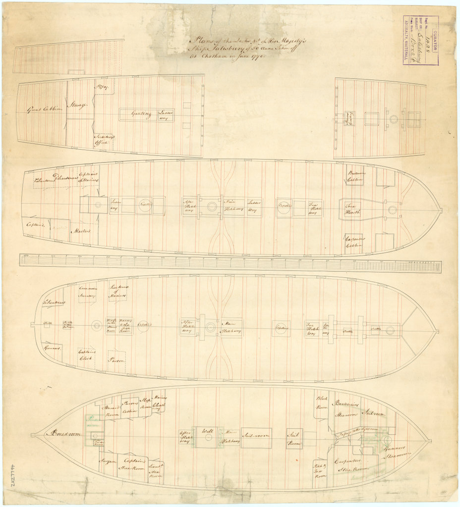 Scale: 1:96. Plan showing an half-breadth plan of the roundhouse, amd ...