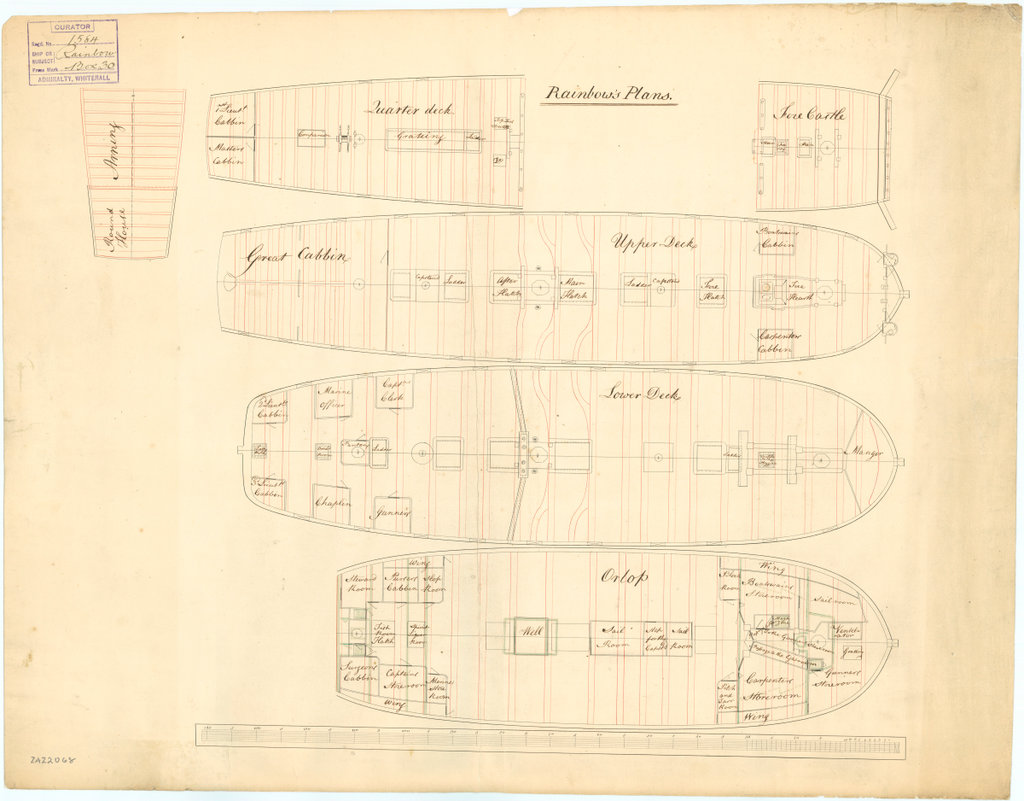 Scale: 1:96. A plan showing the roundhouse, quarterdeck and forecastle ...