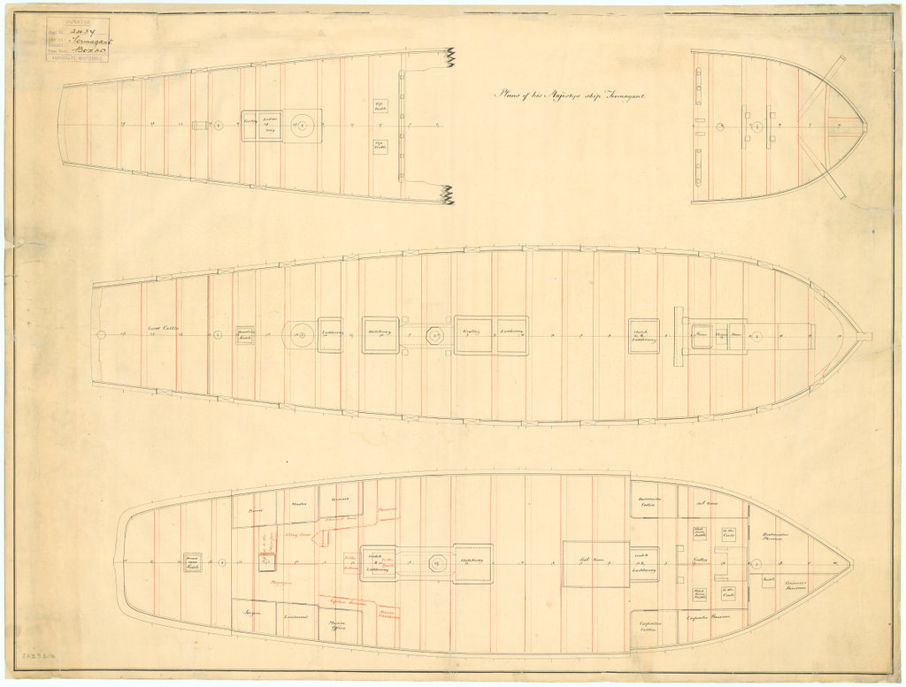 Scale 1:48. Plan showing the quater deck, forecastle lower deck and ...