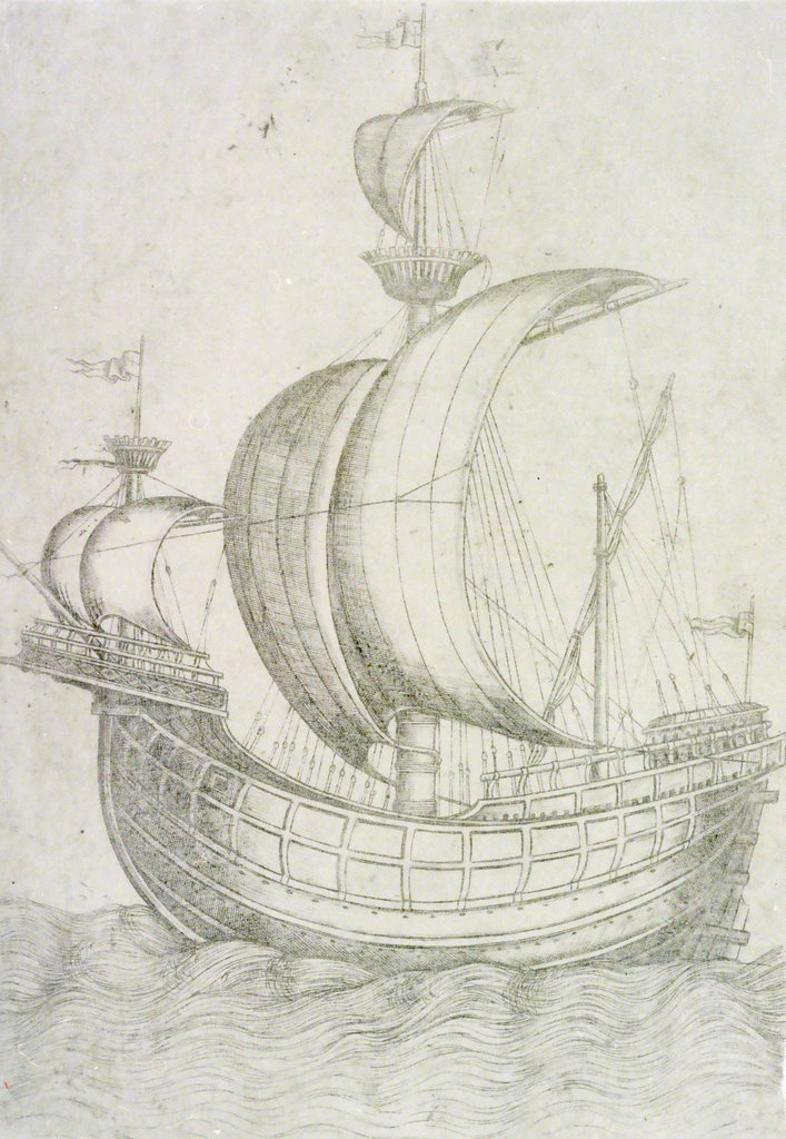 A port-broadside view of a full-rigged late-15th-century Mediterranean ...