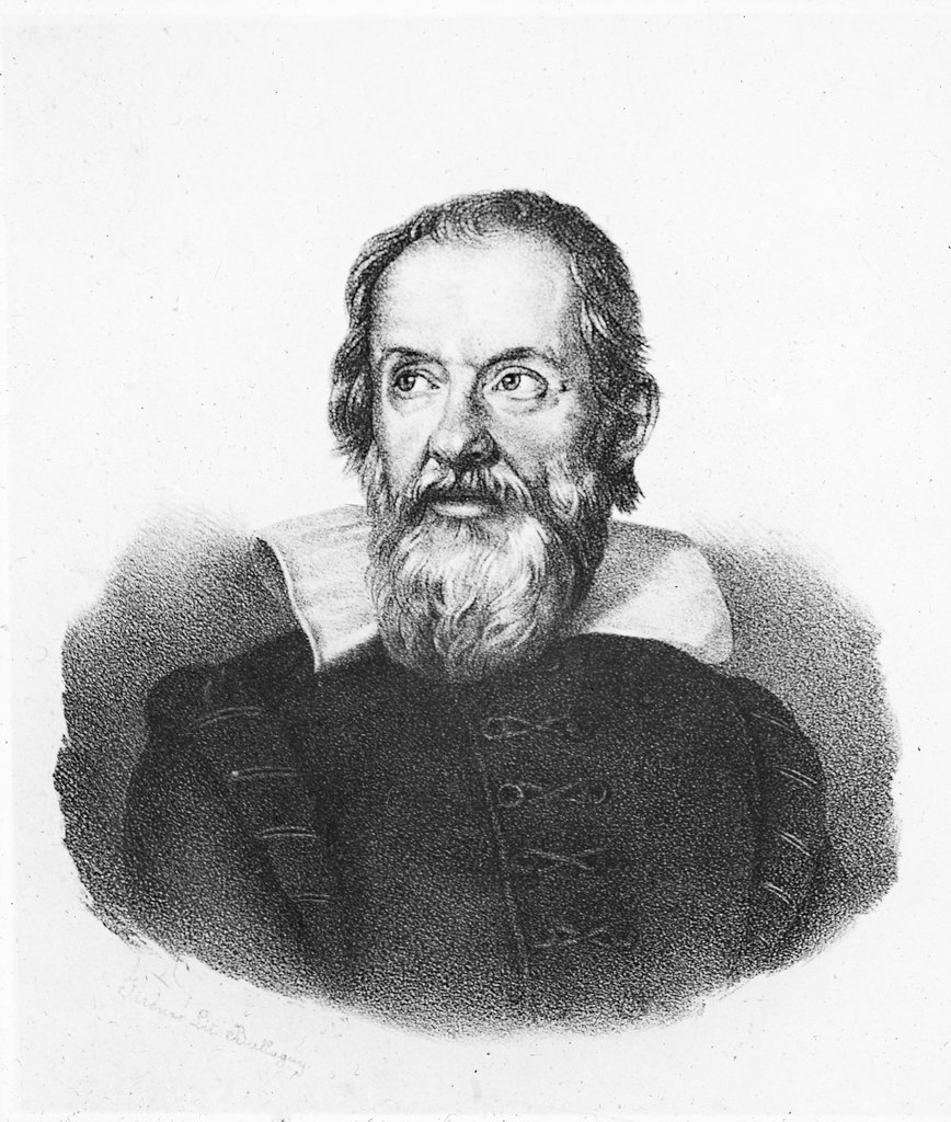 Black and white glass slide of lithoraphic portrait of Galileo Galilei ...