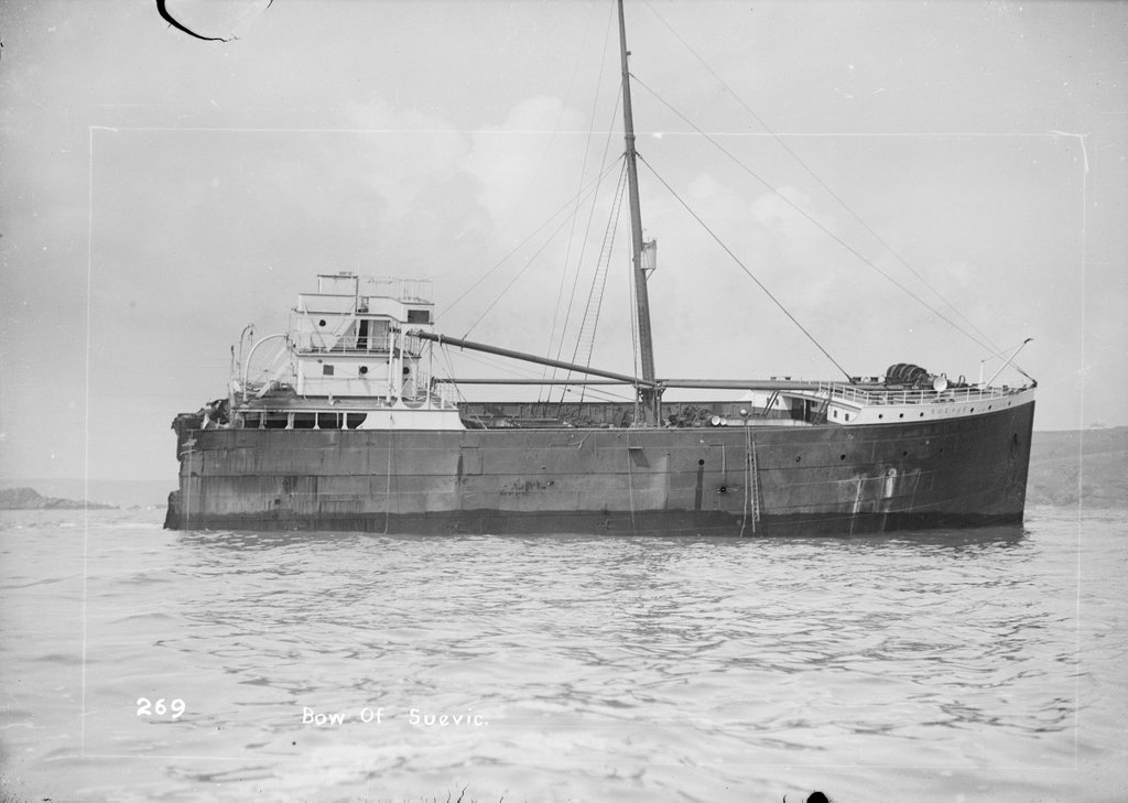 A starboard broadside view of the bow section, of the passenger liner ...