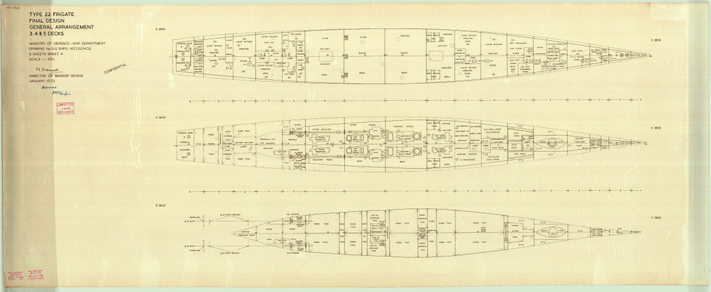 Scale: 1:100. A plan showing 3, 4 & 5 decks of Broadsword (1976), and ...