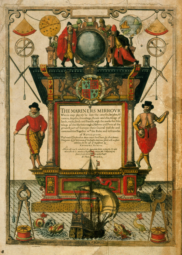 Frontispiece of 'The Mariner's Mirror' (1588) written by Lucas Jansz Waghenaer (1533-1606)