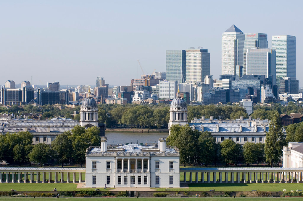 View of Queen's House and Isle of Dogs from Greenwich Park