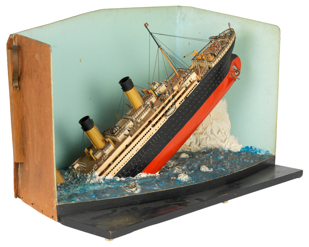 Scale: Unknown. A model of RMS 'Titanic' depicted about to sink, its stern  high out of the water, made in wood, plaster and a variety of other  materials, and painted in realistic