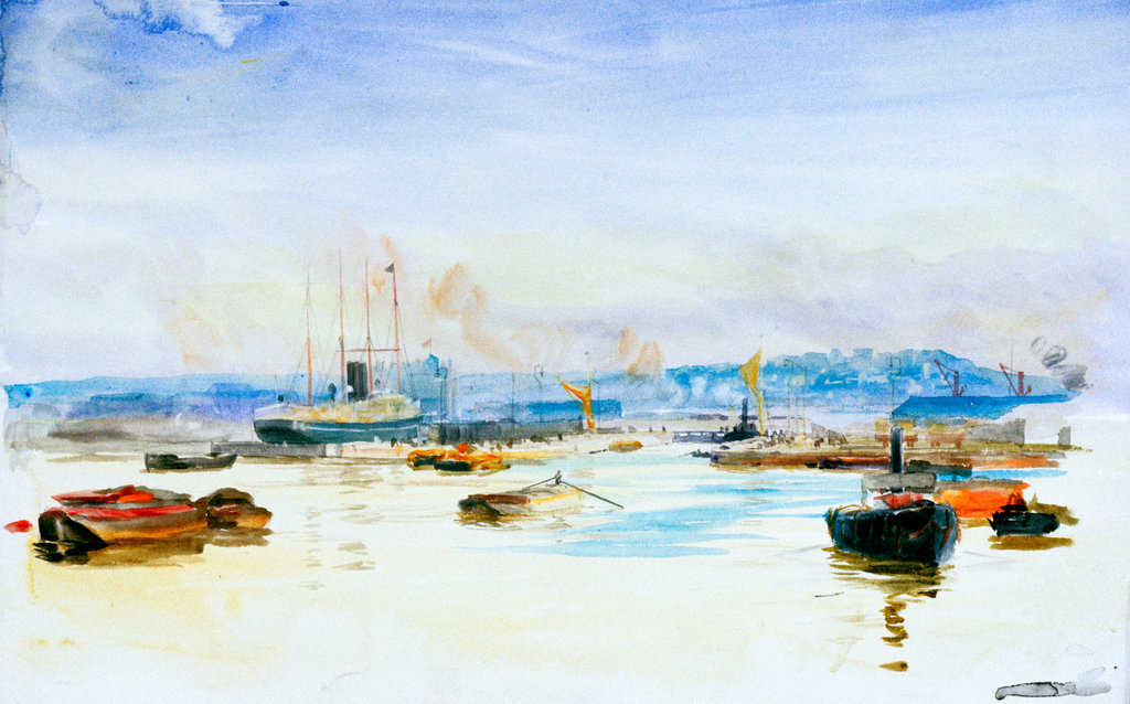 A watercolour of shipping at Tilbury by the marine artist William ...