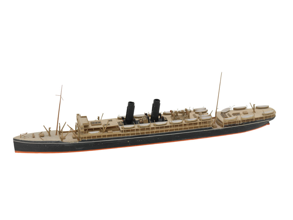 Scale: Unknown. A waterline model of a passenger vessel. The hull is ...